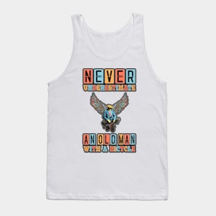 NEVER UNDERESTIMATE AN OLD MAN WITH A BICYCLE, NEVER UNDERESTIMATE AN OLD MAN ON A BICYCLE, Retro Vintage 90s Style Funny Cycling Humor for Cyclist and Bike Rider, funny Cycling quote Tank Top